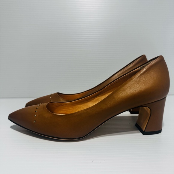 AGL Tan Leather Studded Block Heels Size 39 1/2 - Picture 3 of 15
